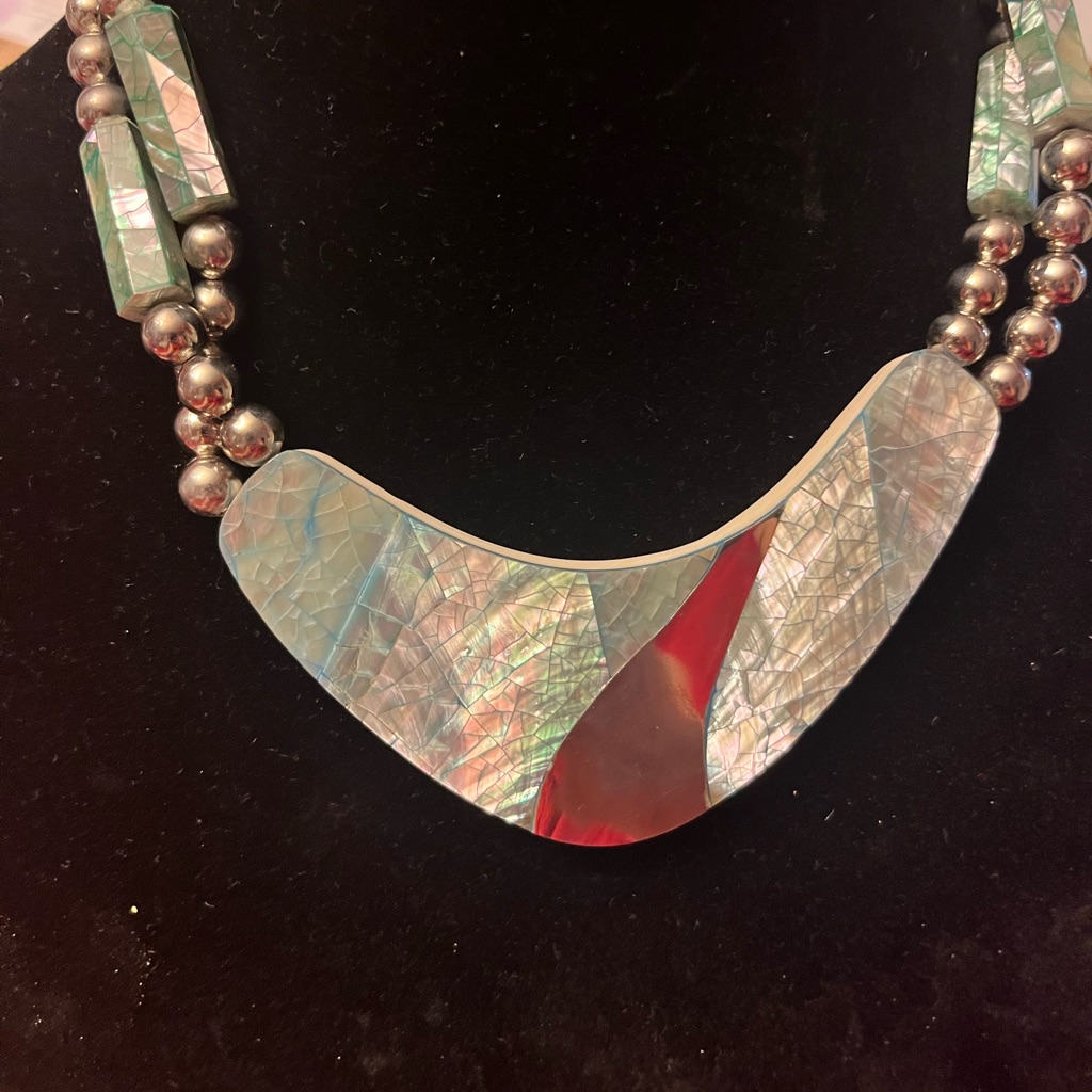 Vintage Karla Jordan Abalone Necklace Elegant Silver Brilliant Ocean Colors